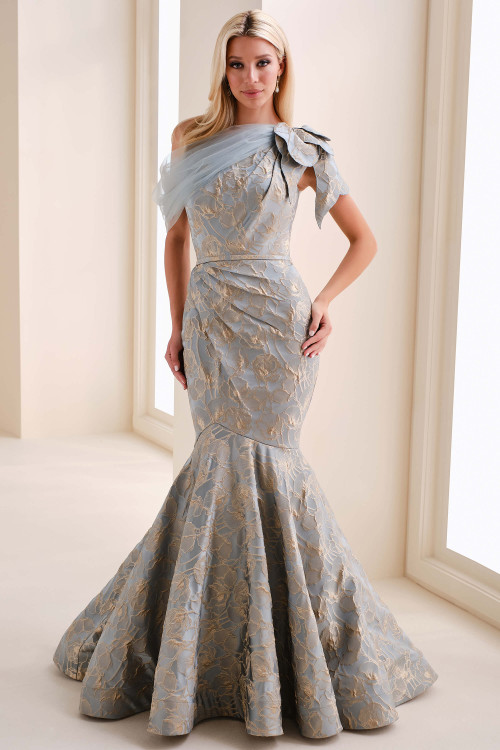 Front view of aqua Ivonne D ID1201 brocade trumpet mother dress