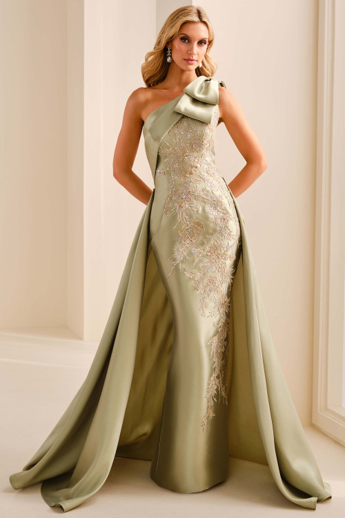 Front view of apple green Ivonne D ID2207 Mikado sheath mother dress with overskirt