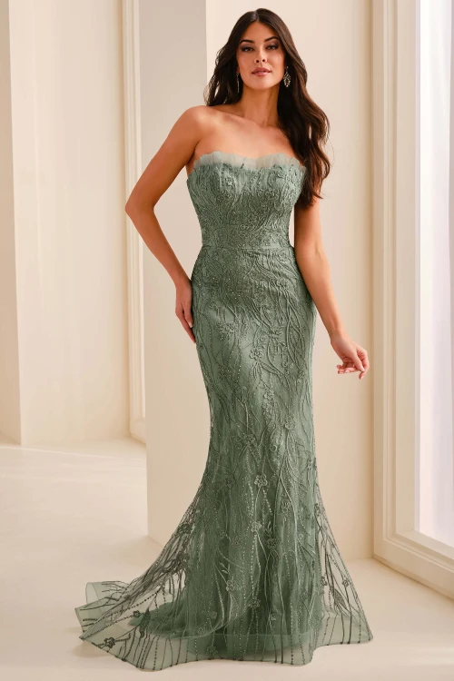 Front view of sage Ivonne D ID2212 lace fit and flare mother dress