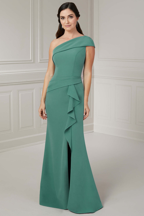 Front view of sage Christina Wu Elegance 17136 one-shoulder mother dress