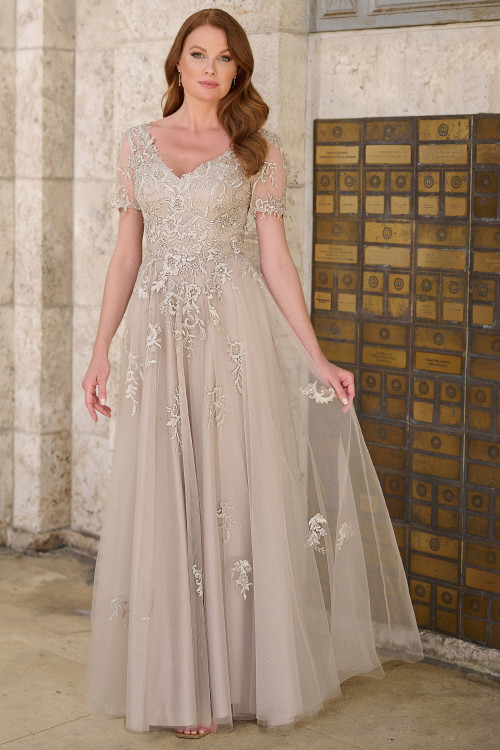 Front view of truffle Christina Wu Elegance 17172 lace mother dress