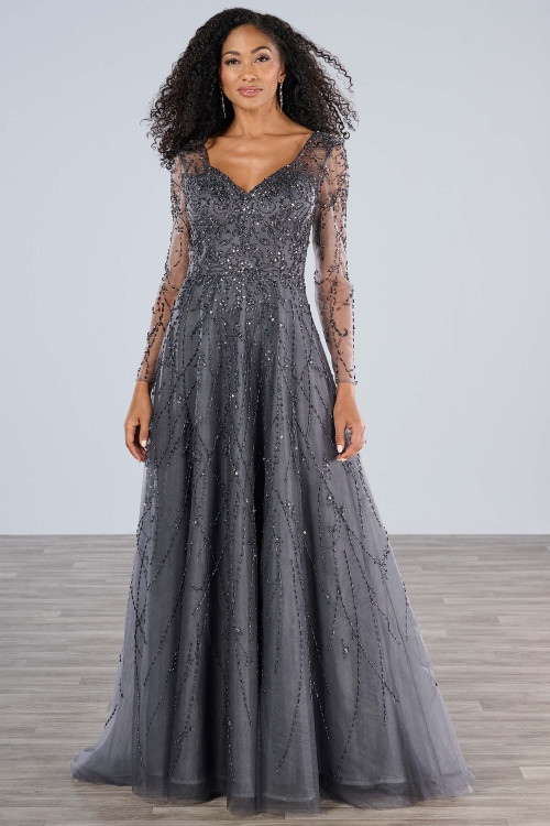 Front view of gunmetal Christina Wu Elegance 17197 beaded tulle mother dress