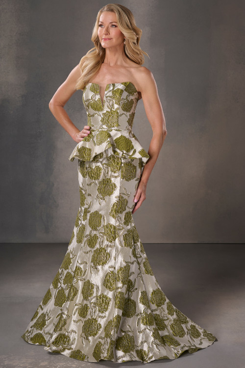 Front view of green and gold Christina Wu Elegance 17241 floral brocade mother dress