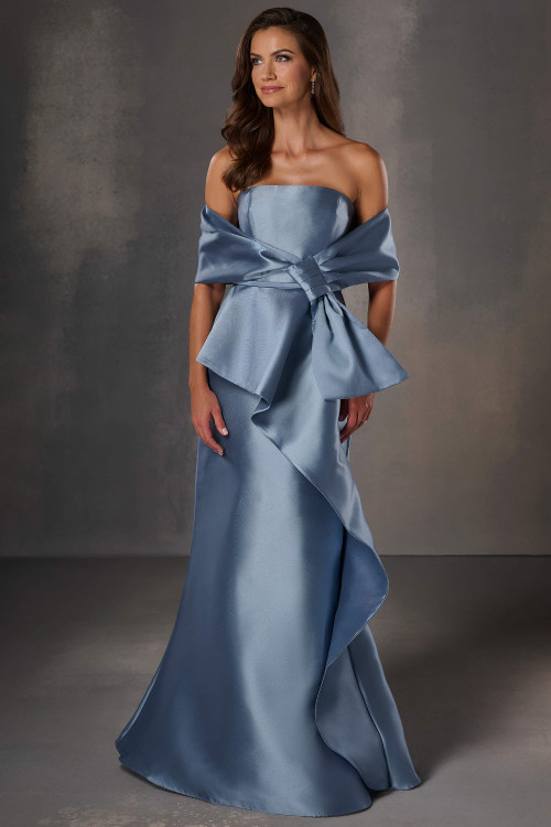 Front view of Christina Wu Elegance 17255 slate Mikado mother of the bride dress with removable wrap