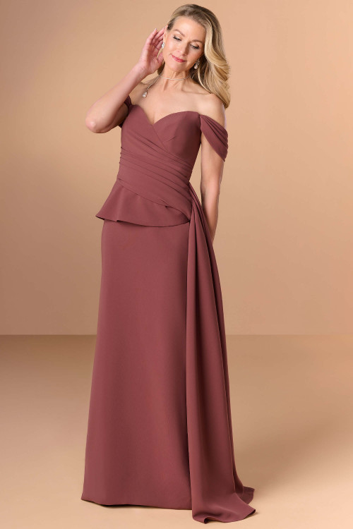 Front view of Christina Wu Elegance 17275 cinnamon crepe mother of the bride dress.