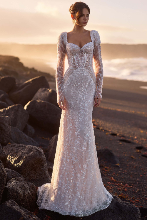 Front view of Milla Nova Blanchette beaded fit-and-flare wedding dress