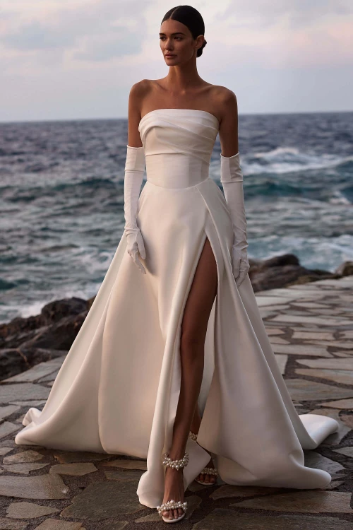 Front view of Milla Nova Bloom Mikado A-line wedding dress with high slit