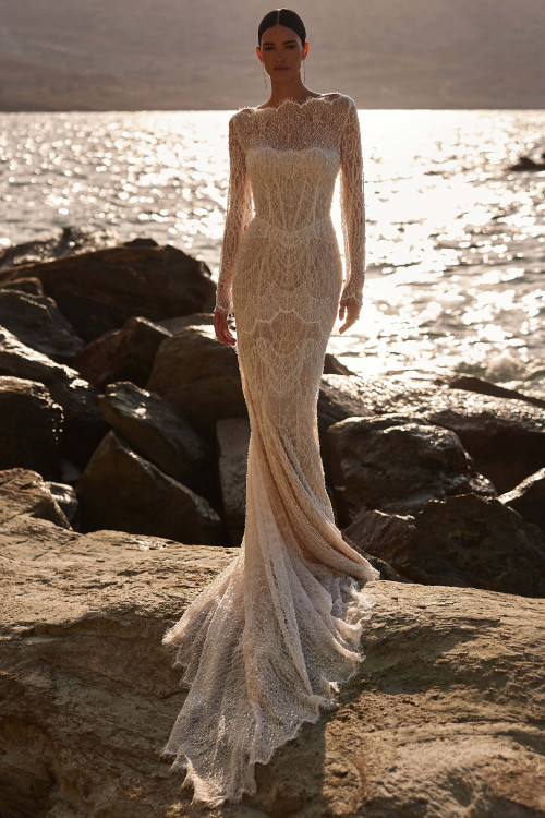 Front view of Milla Nova Esmera lace fit-and-flare wedding dress with bolero