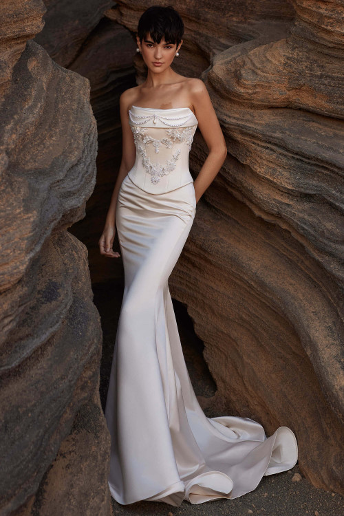 Front view of Milla Nova Gisella beaded satin corset with fit-and-flare skirt