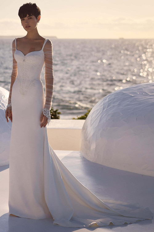 Front view of Milla Nova Liora satin sheath wedding dress