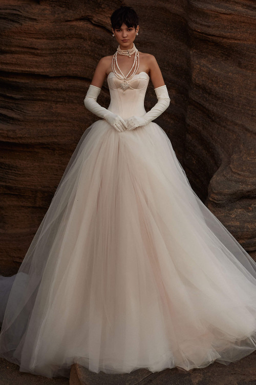 Front view of Milla Nova Lumiere satin and tulle ball gown