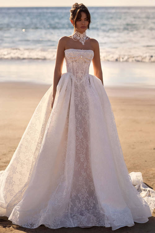 Front view of Milla Nova Monica Chantilly lace ball gown wedding dress
