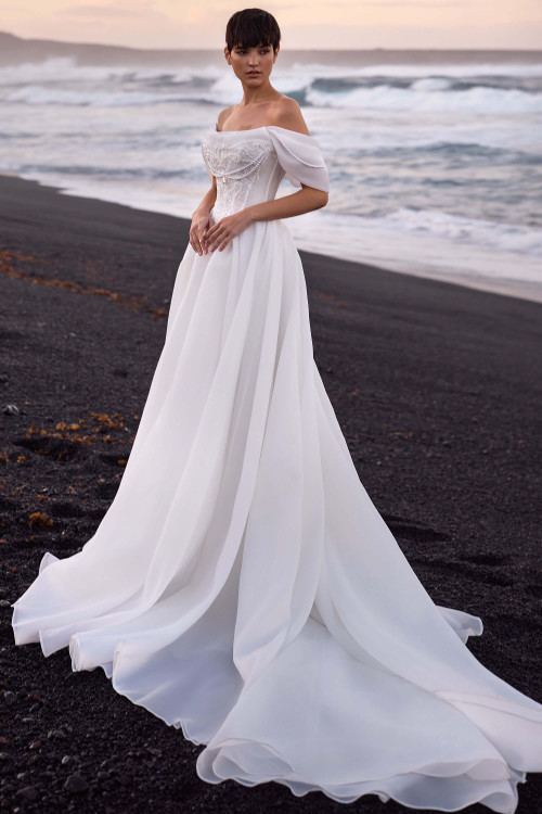 Front view of Milla Nova Seraphine organza A-line wedding dress