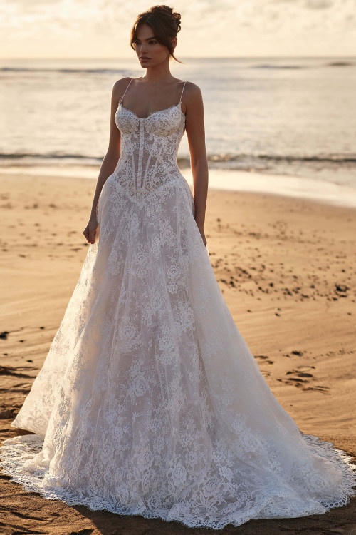 Front view of Milla Nova Vanessa Chantilly lace A-line wedding dress