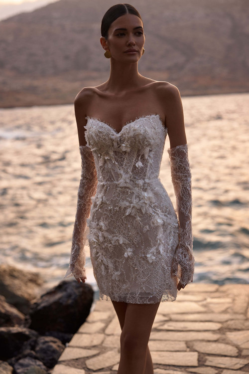 Front view of Milla Nova Velandra floral lace mini wedding dress