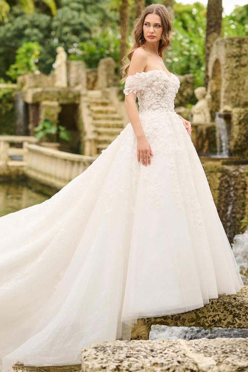 Front view of Christina Wu 15898 ball gown wedding dress with 3D floral lace and sweetheart neckline
