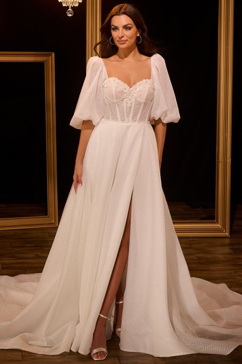 Front view of Christina Wu 15948 shimmer mesh A-line wedding dress with puff sleeves