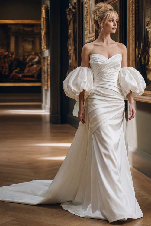 Front view of Randy Fenoli Khloe satin sheath wedding dress with detachable puff sleeve cape