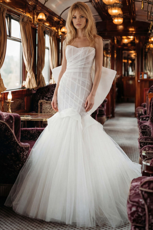 Front view of Randy Fenoli Lana mermaid wedding dress with ruched bodice