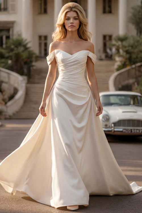 Front view of Randy Fenoli Lorena satin A-line wedding dress