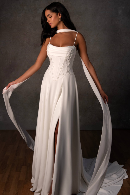 Front view of Essense of Australia D4312 crepe A-line wedding dress with slit