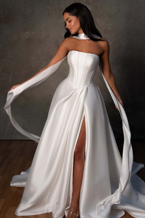 Front view of Essense of Australia D4389 strapless Mikado A-line wedding dress with slit