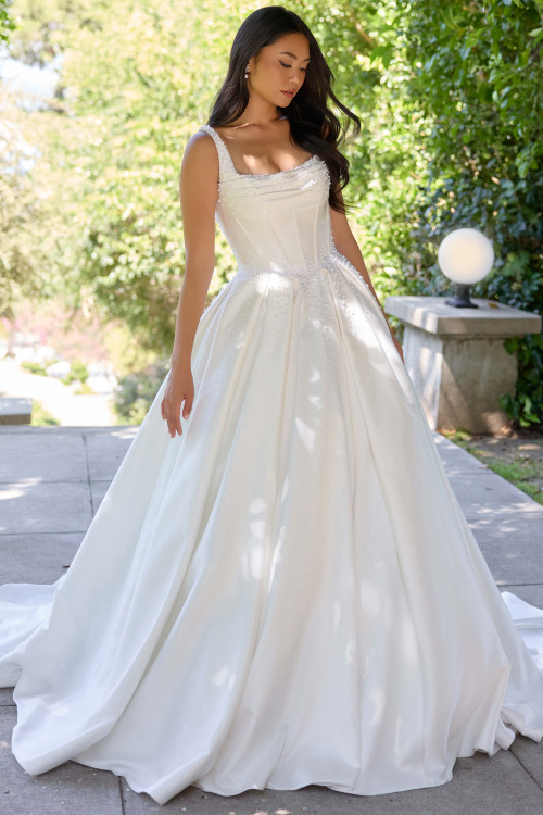 Front view of Essense of Australia D4418 pearl Mikado ball gown wedding dress