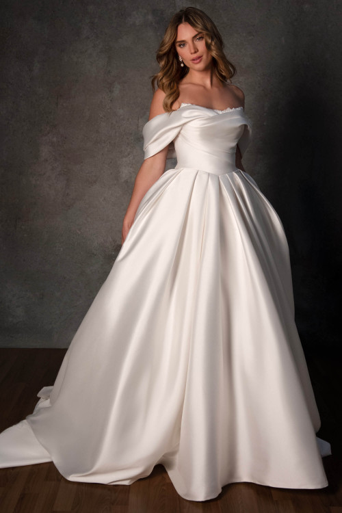 Front view of Essense of Australia D4427 off-the-shoulder Mikado ball gown