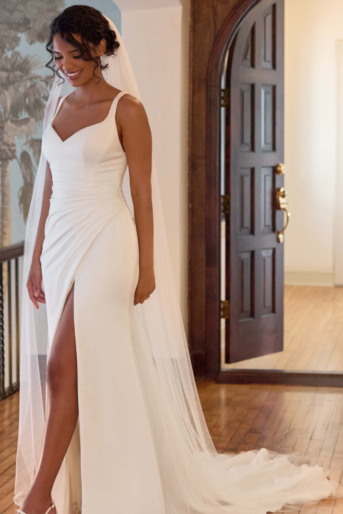 Front view of Essense of Australia D4439 satin column wedding dress with front slit