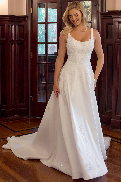 Front view of Essense of Australia D4471 satin A-line wedding dress