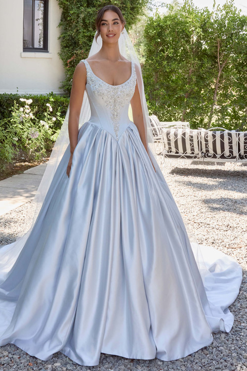 Front view of Essense of Australia D4485 satin ball gown wedding dress in French Blue
