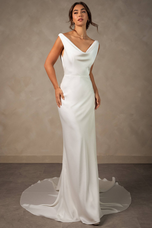 Front view of Essense of Australia D4574 satin sheath wedding dress