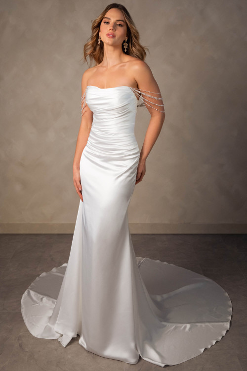 Front view of Essense of Australia D4607 charmeuse column wedding dress