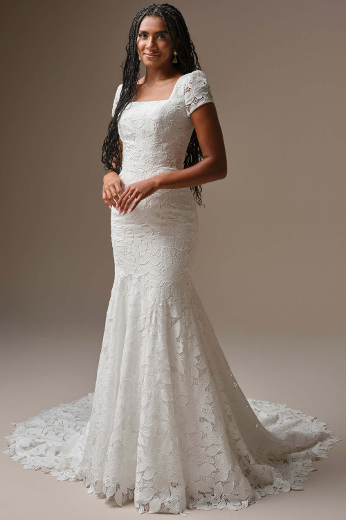 Front view of Maggie Sottero Dakota Leigh modest lace fit-and-flare wedding dress