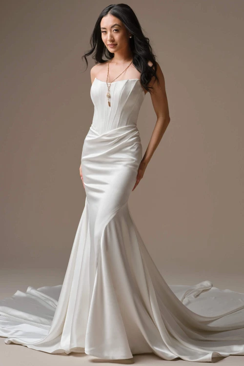 Front view of Maggie Sottero Sinclaire stretch satin wedding dress