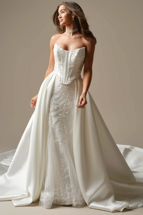 Front view of Maggie Sottero Wyntelle lace fit and flare wedding dress