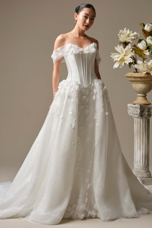 Front view of Sottero and Midgley Akari wedding dress with detachable Mikado bustier and off-the-shoulder sleeves