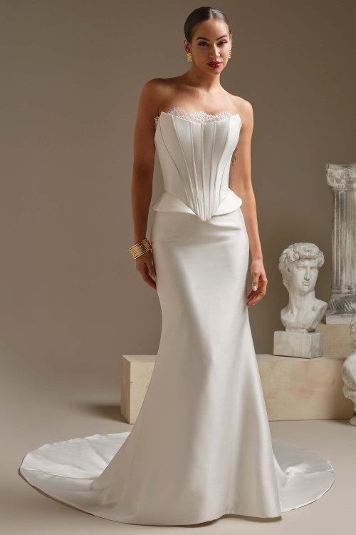 Front view of Sottero and Midgley Lassen Marie two-piece Mikado wedding dress