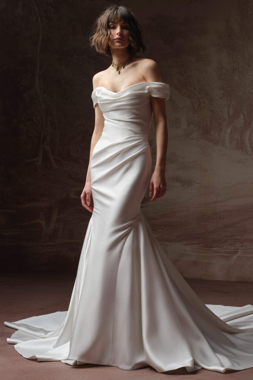 Front view of Sottero and Midgley Recine off-shoulder satin wedding dress