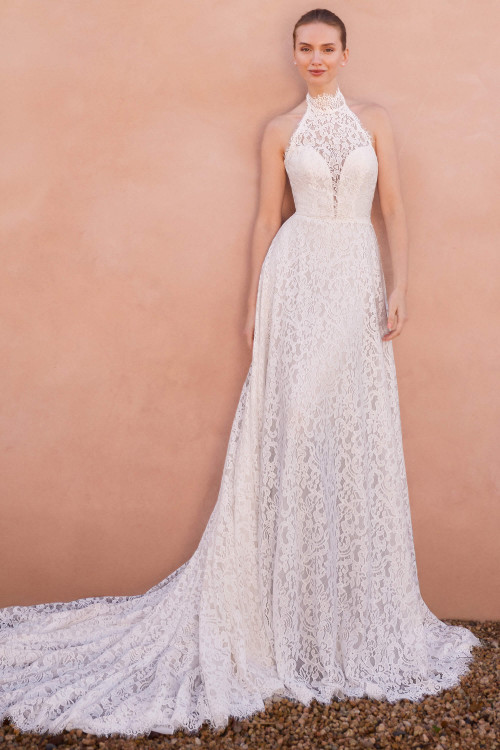 Front view of Pronovias Erdith high halter lace wedding dress