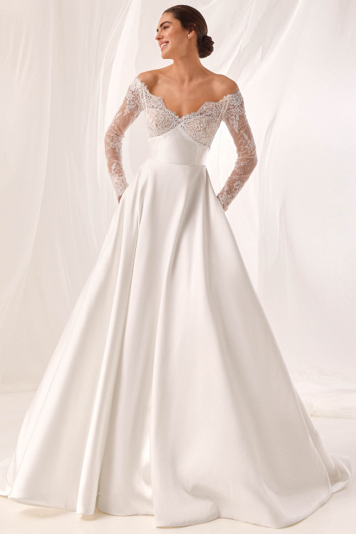 Front view of Pronovias Flintor off-the-shoulder wedding dress