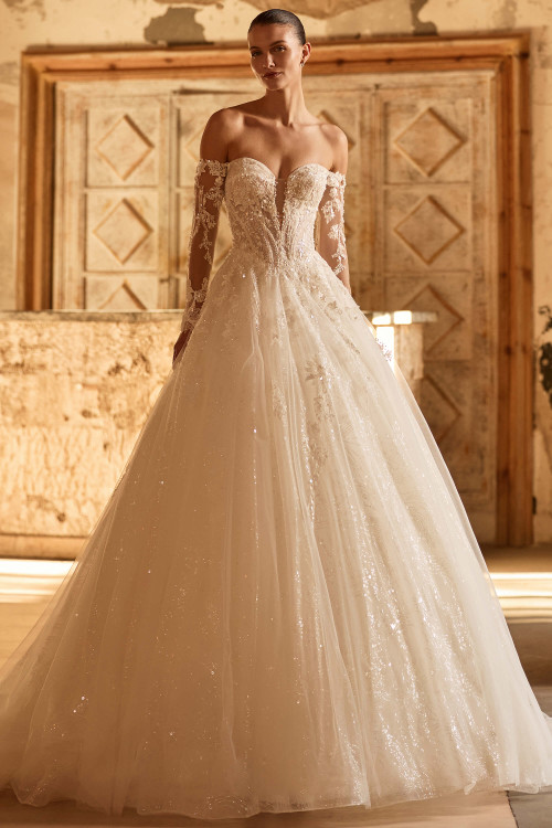 Front view of Pronovias Greque lace ball gown wedding dress