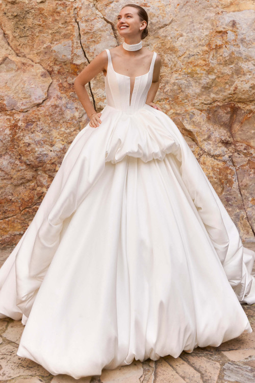 Front view of Pronovias Guilow square neck Mikado wedding dress