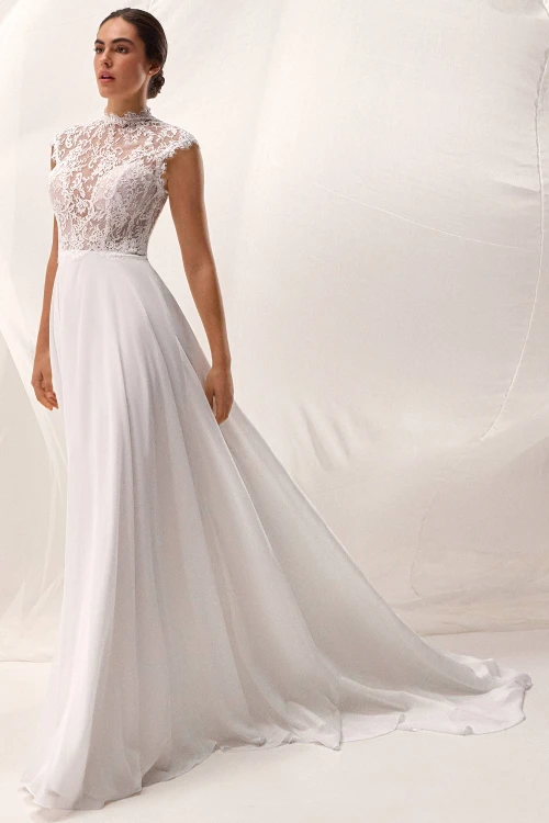 Front view of Pronovias Latzuli high neck lace wedding dress
