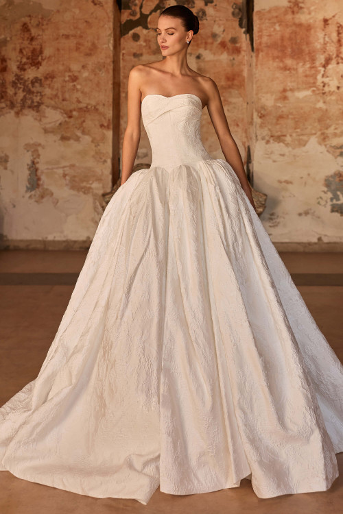 Front view of Pronovias Lington jacquard ball gown wedding dress