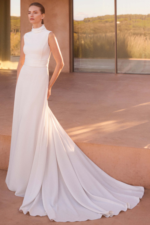 Front view of Pronovias Milora A-line high neck wedding dress