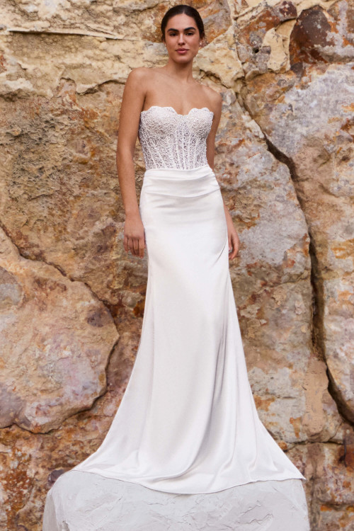 Front view of Pronovias Psike fitted satin wedding dress with sweetheart lace corset bodice