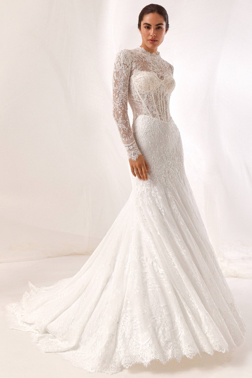 Front view of Pronovias Veinra lace fit and flare wedding dress with long sleeves