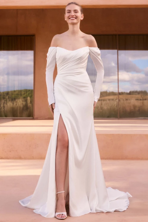 Front view of Pronovias Verdiana soft satin sheath wedding dress with sleeves
