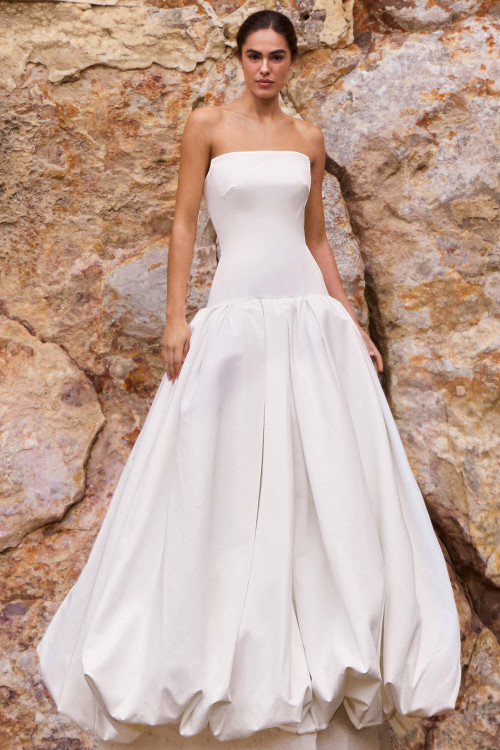 Front view of Pronovias Vermelia satin A-line wedding dress with bubble hem